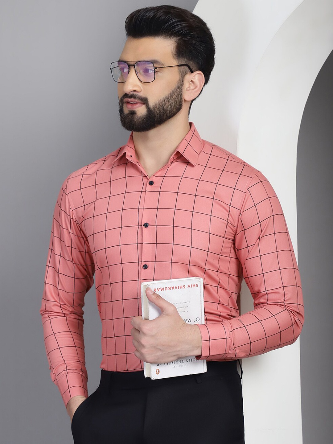 

Indian Needle Classic Windowpane Checked Cotton Formal Shirt, Peach