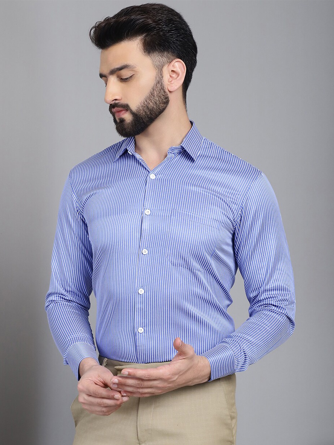 

Indian Needle Classic Striped Cotton Formal Shirt, Blue