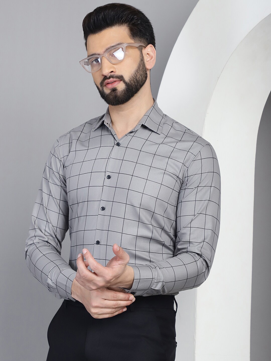 

Indian Needle Classic Windowpane Checked Cotton Formal Shirt, Grey