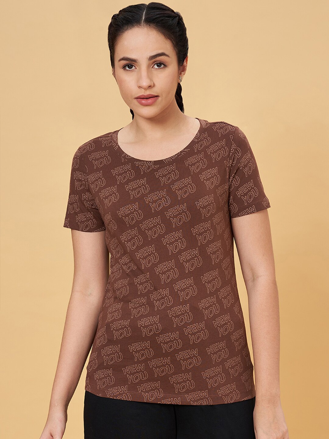 

Ajile by Pantaloons Typography Printed Round Neck Pure Cotton T-shirt, Brown