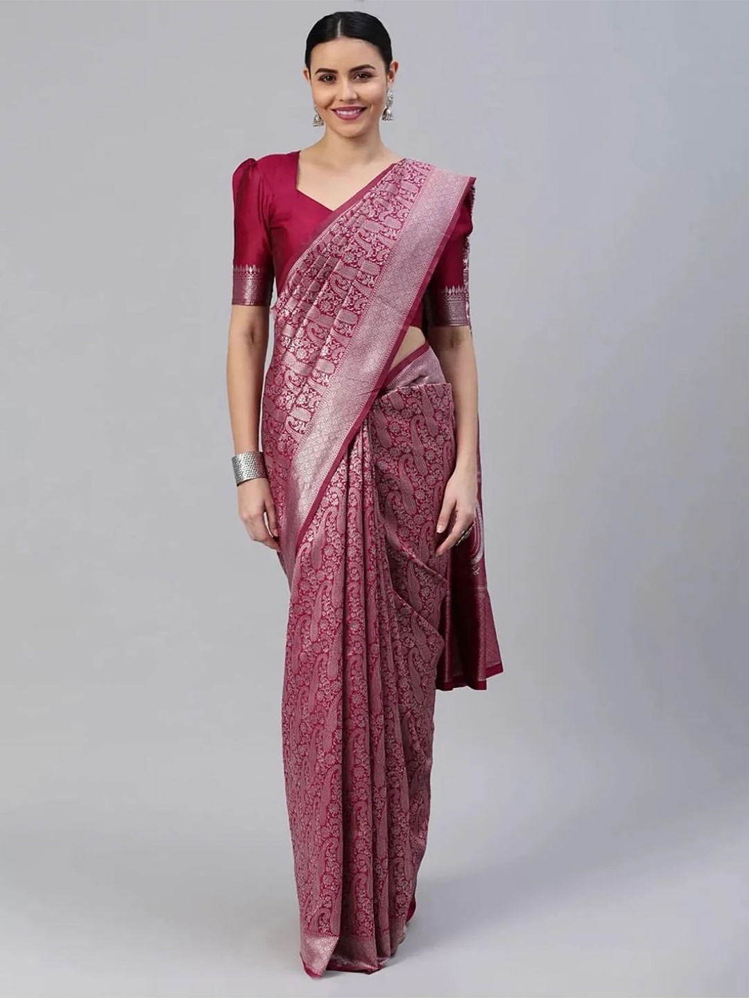 

Aldwych Ethnic Motifs Woven Design Zari Banarasi Silk Saree, Pink