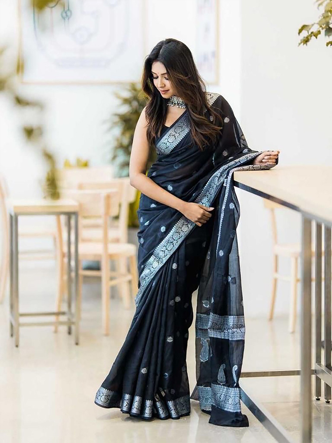 

Aldwych Ethnic Motifs Woven Design Zari Detailed Banarasi Saree, Black