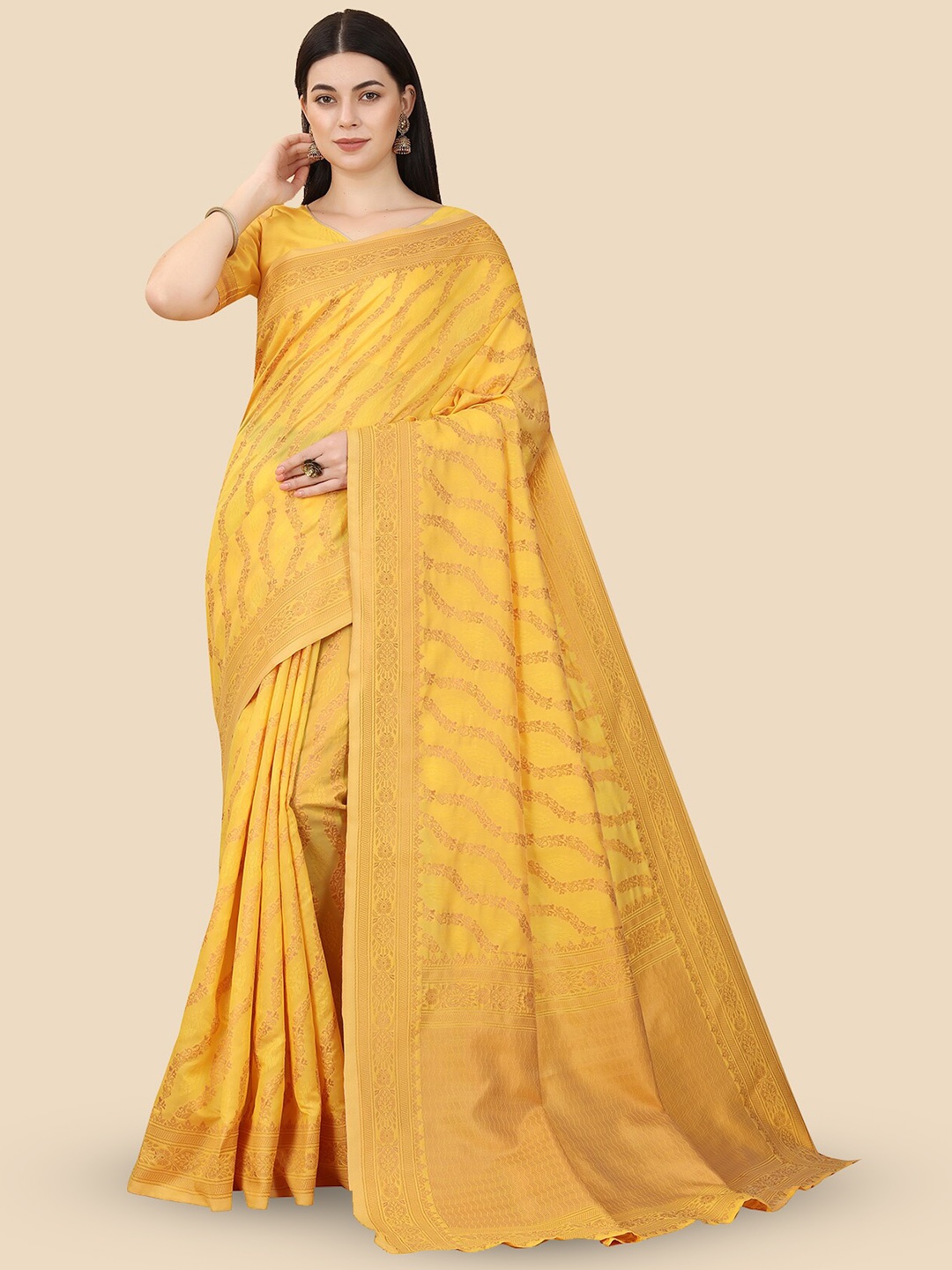 

Aldwych Ethnic Motifs Woven Design Zari Banarasi Silk Saree, Yellow