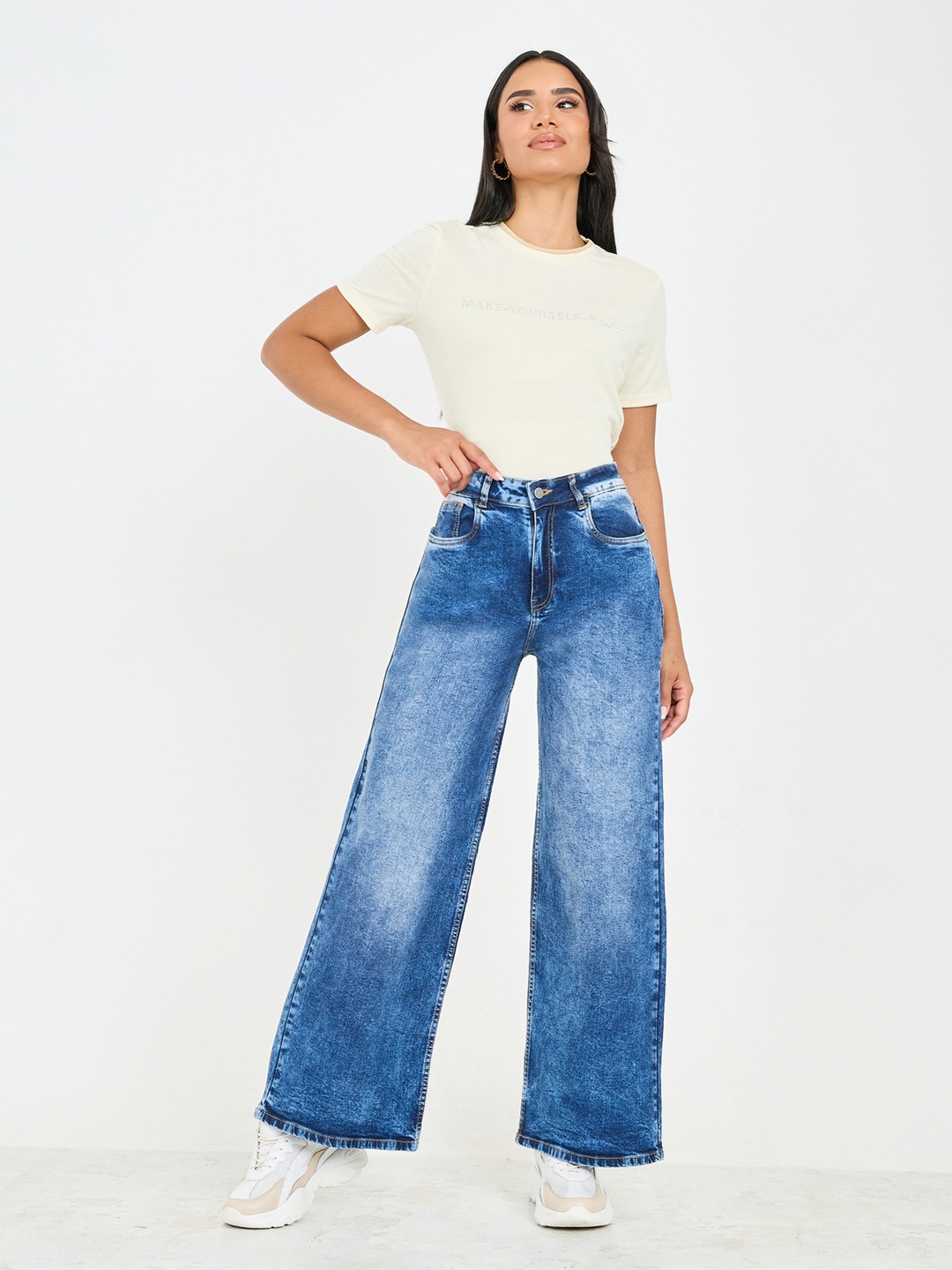 

Styli Women Wide Leg Heavy Fade Stretchable Jeans, Blue