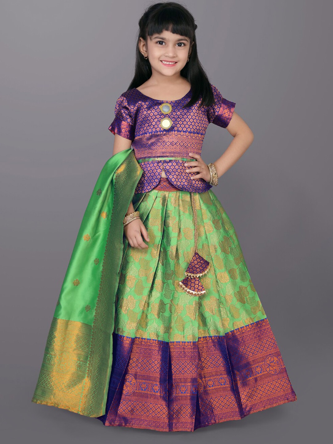 

BAESD Girls Woven Design Ready To Wear Lehenga & Blouse With Dupatta, Green