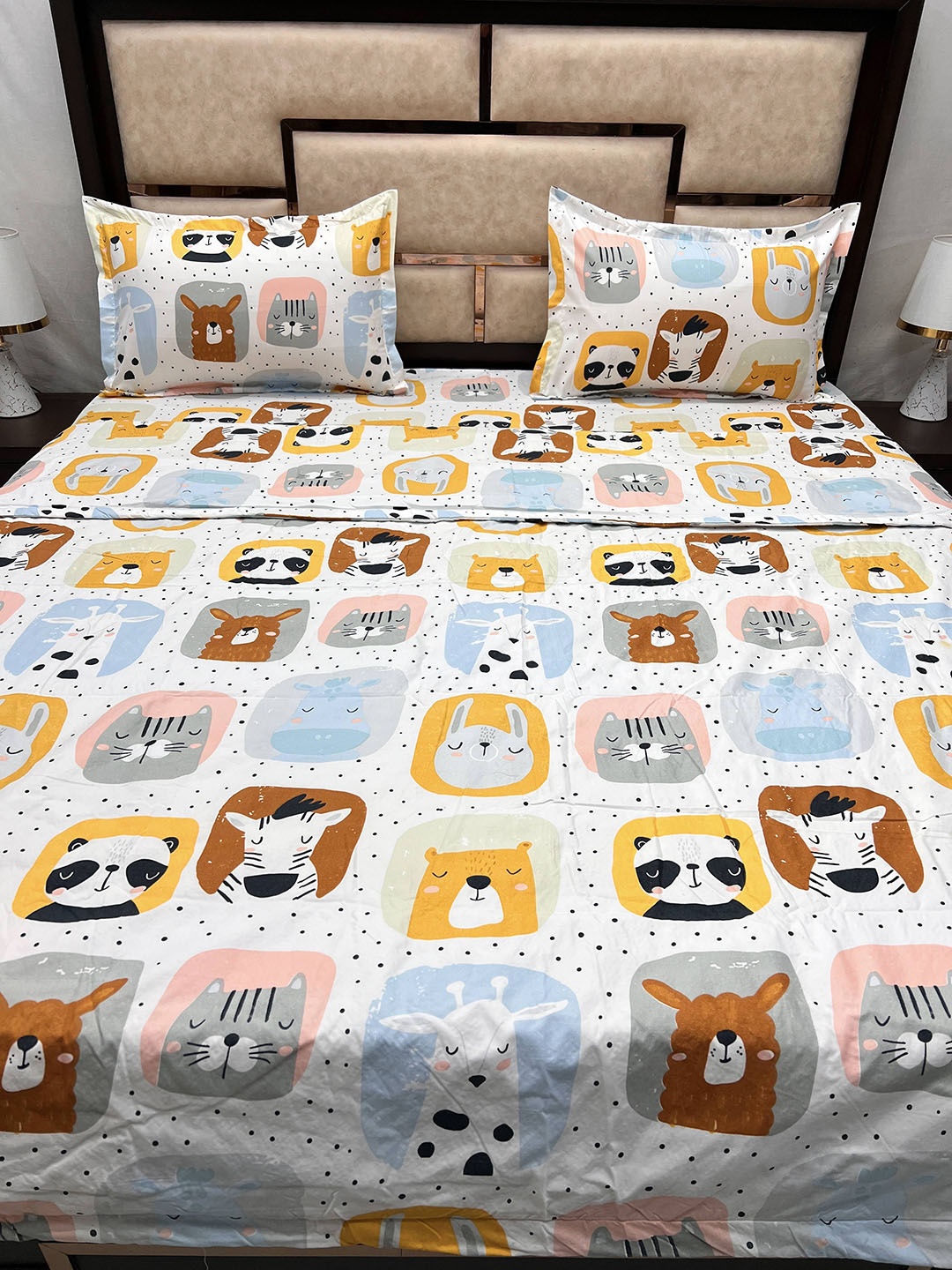 

Pure Decor White Cartoon Characters Printed Cotton Bedsheet Set with 2 Pillow Covers