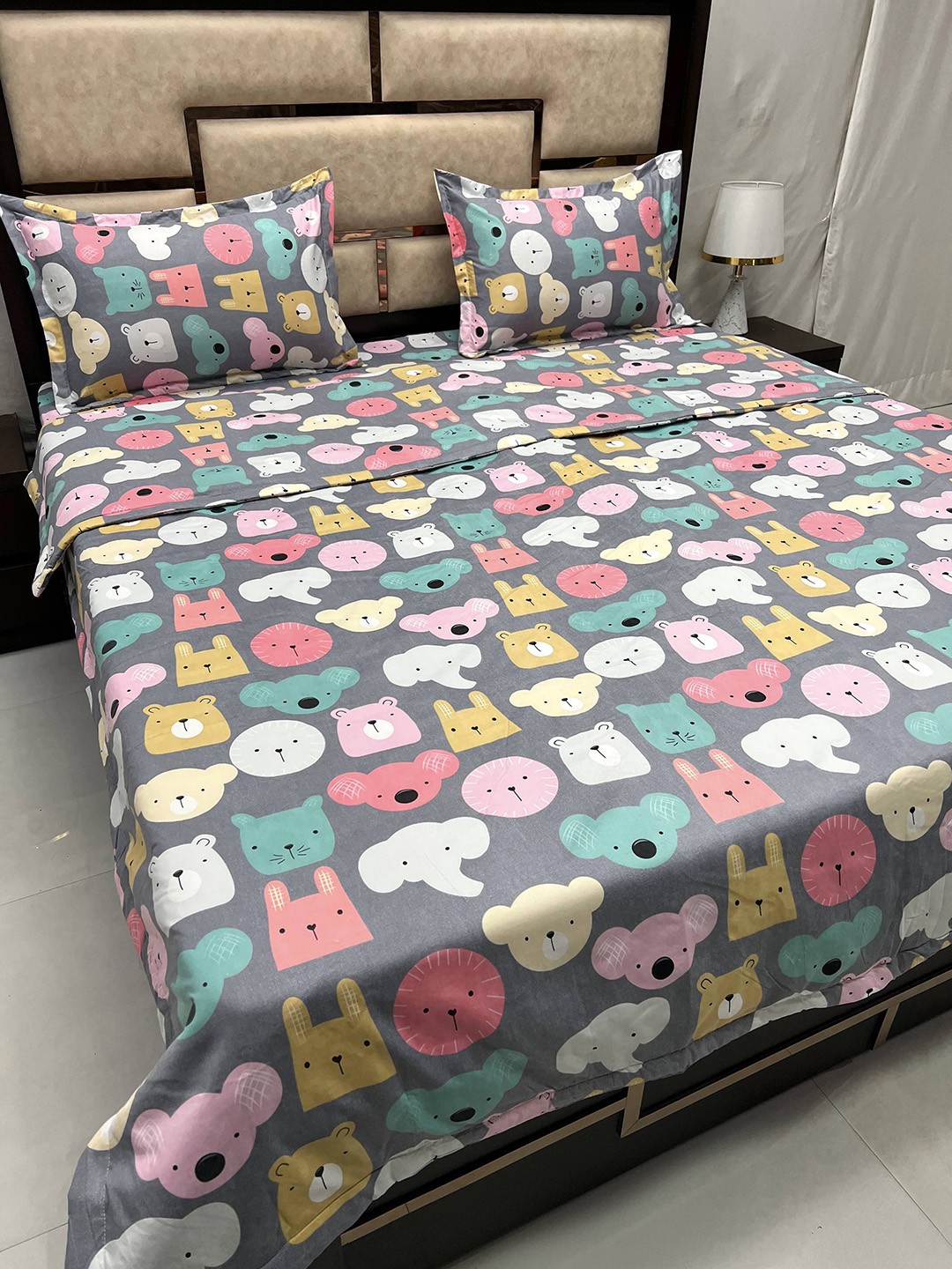 

Pure Decor Grey Cartoon Characters Printed Cotton Bedsheet Set with 2 Pillow Covers