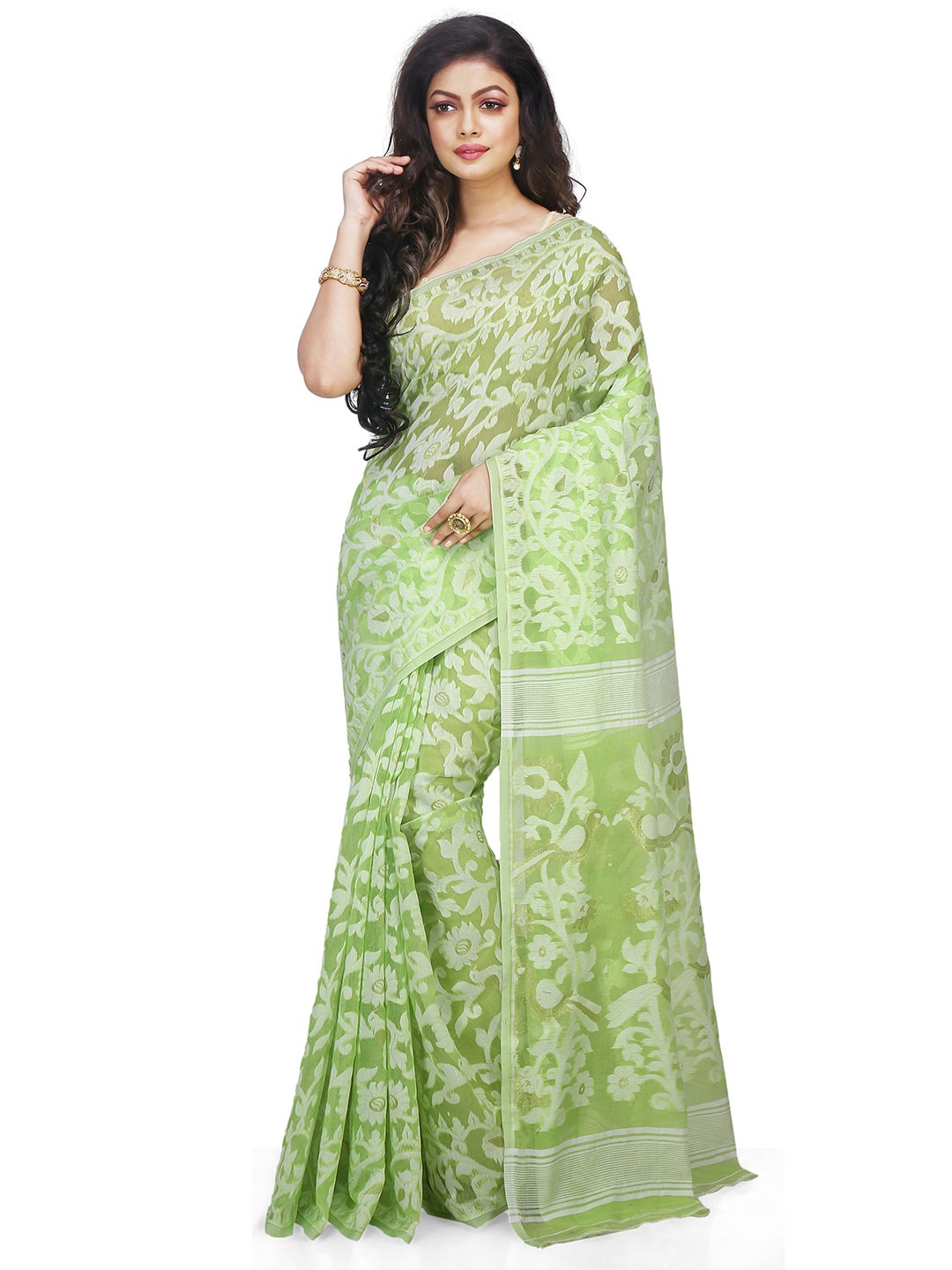 

BENGAL HANDLOOM Woven Design Floral Art Silk Taant Saree, Green