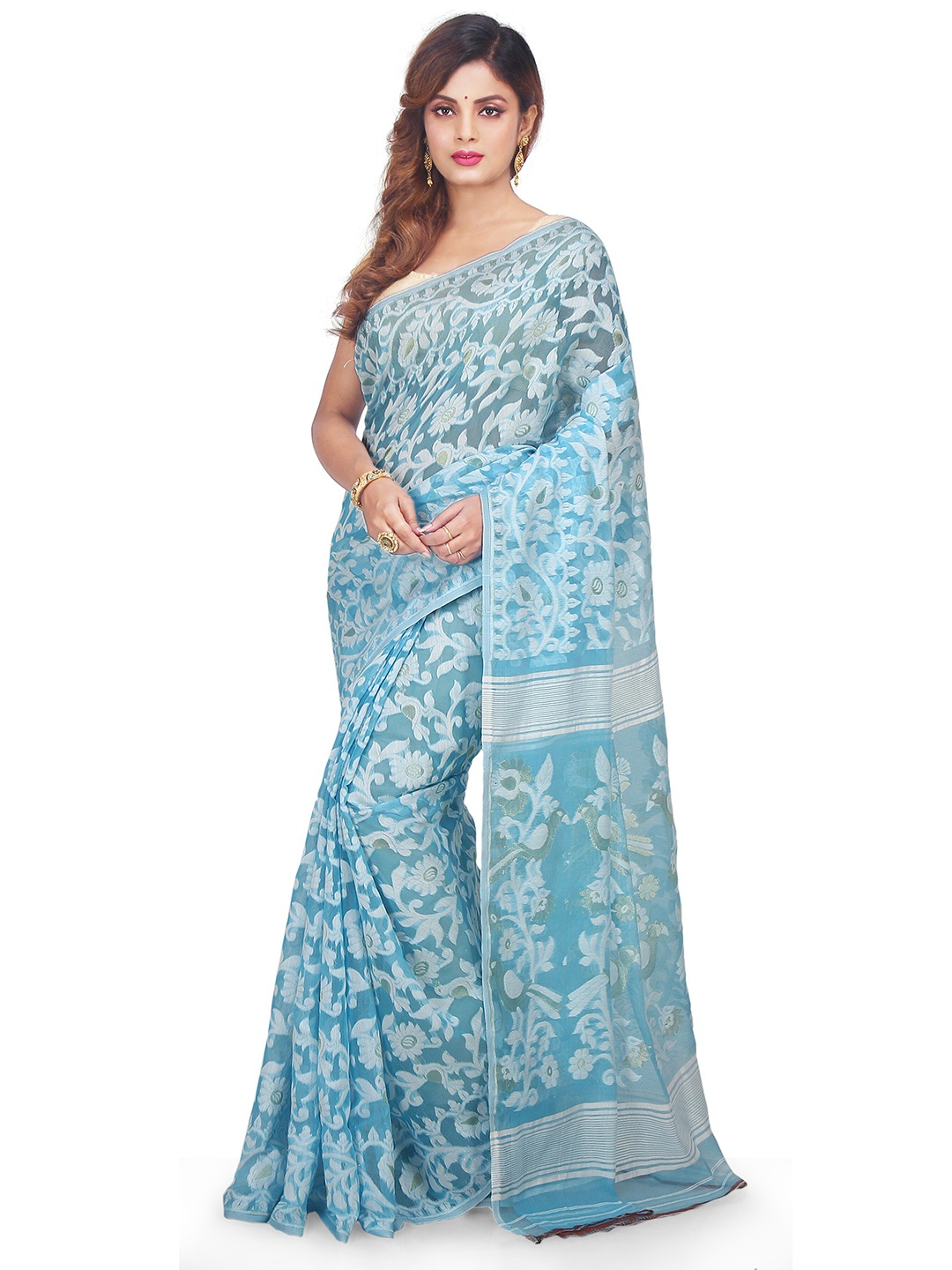 

BENGAL HANDLOOM Floral Woven Design Art Silk Taant Saree, Turquoise blue