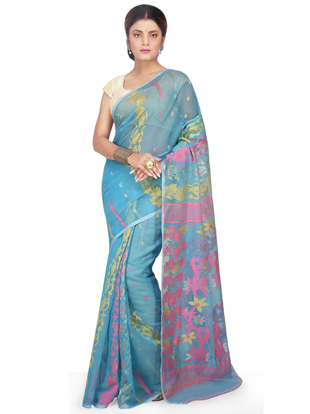 

BENGAL HANDLOOM Floral Woven Design Taant Saree, Turquoise blue