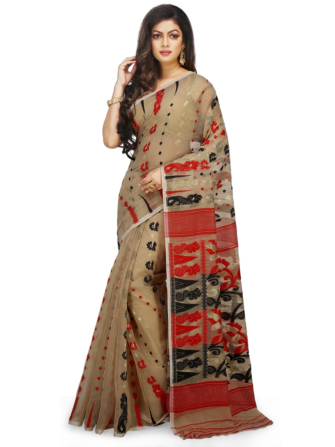 

BENGAL HANDLOOM Ethnic Motifs Woven Design Jamdani Saree, Beige