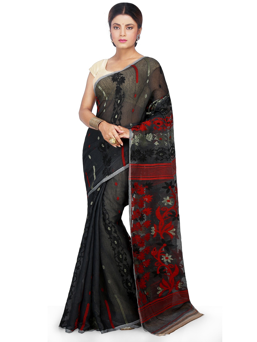 

BENGAL HANDLOOM Ethnic Motifs Woven Design Zari Art Silk Taant Saree, Black