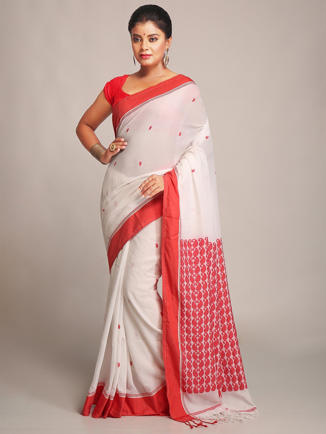 

BENGAL HANDLOOM Ethnic Motifs Woven Design Art Silk Taant Saree, White