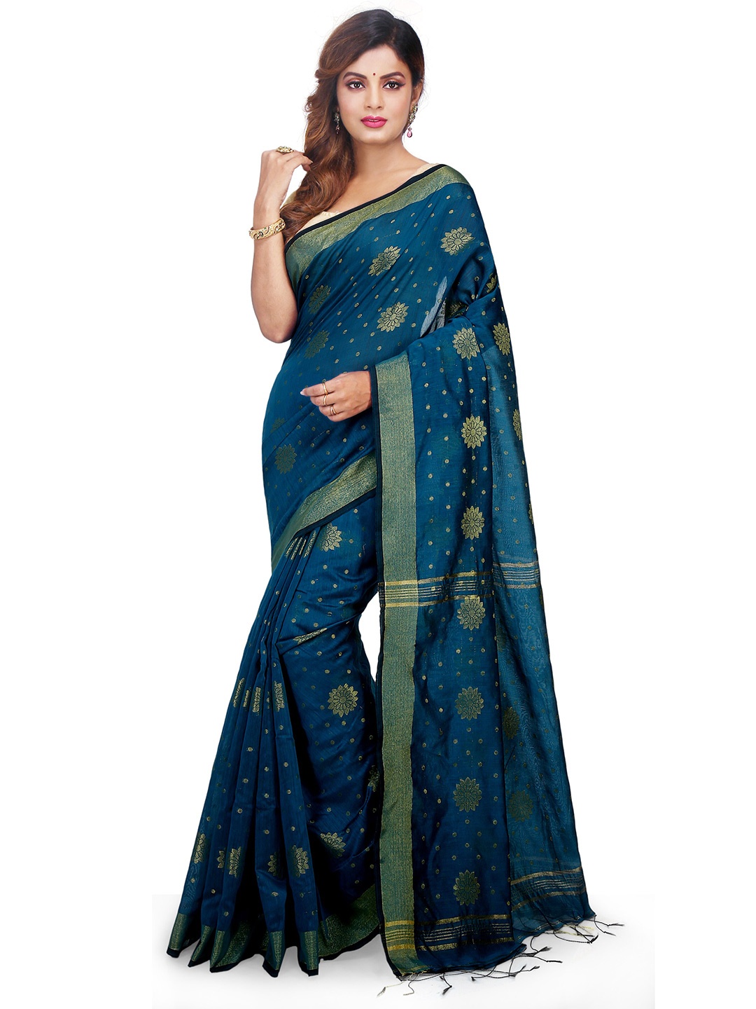 

BENGAL HANDLOOM Ethnic Motifs Woven Design Zari Art Silk Taant Saree, Turquoise blue