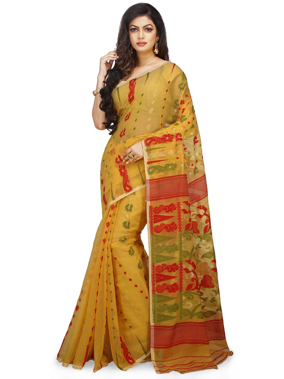 

BENGAL HANDLOOM Ethnic Motifs Woven Design Art Silk Taant Saree, Yellow