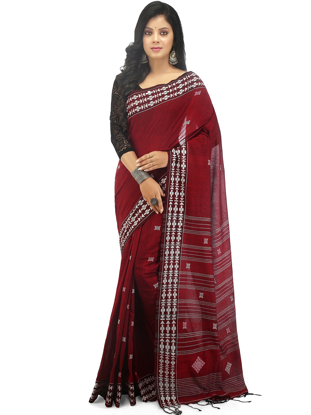 

BENGAL HANDLOOM Striped Pure Cotton Taant Saree, Red