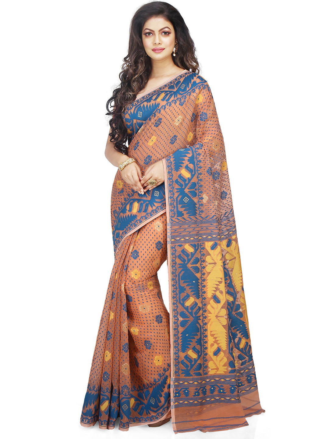 

BENGAL HANDLOOM Geometric Woven Design Art Silk Taant Saree, Orange