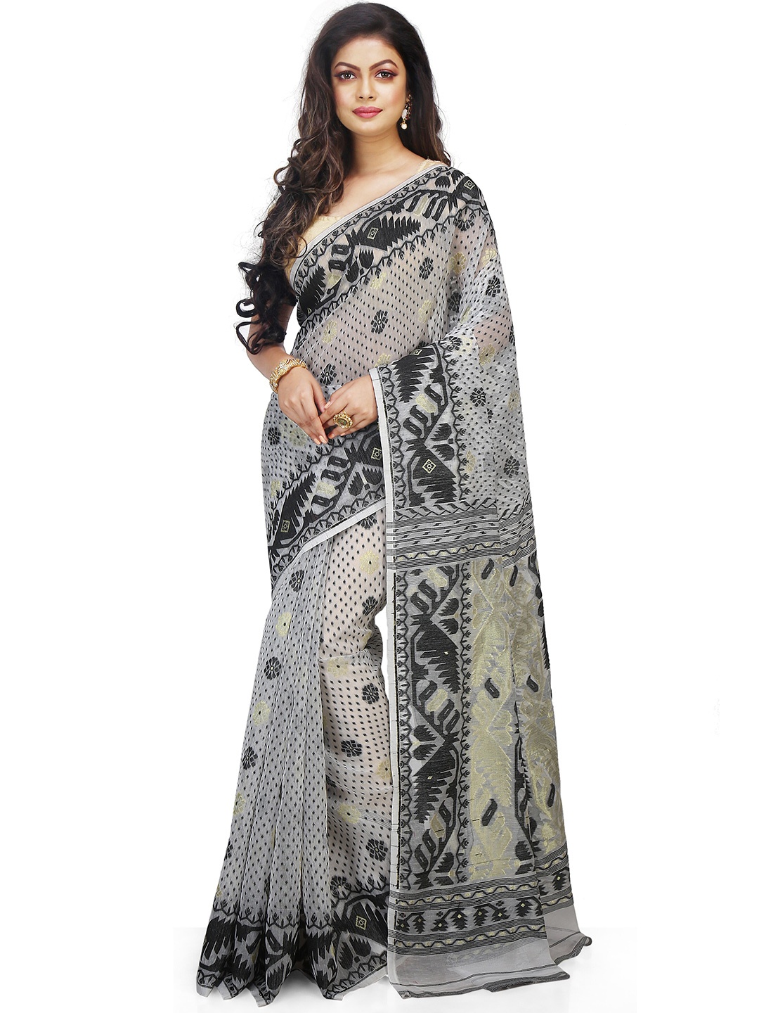 

BENGAL HANDLOOM Ethnic Motifs Art Silk Taant Saree, White