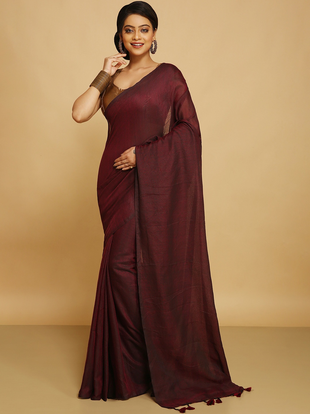 

BENGAL HANDLOOM Art Silk Taant Saree, Red