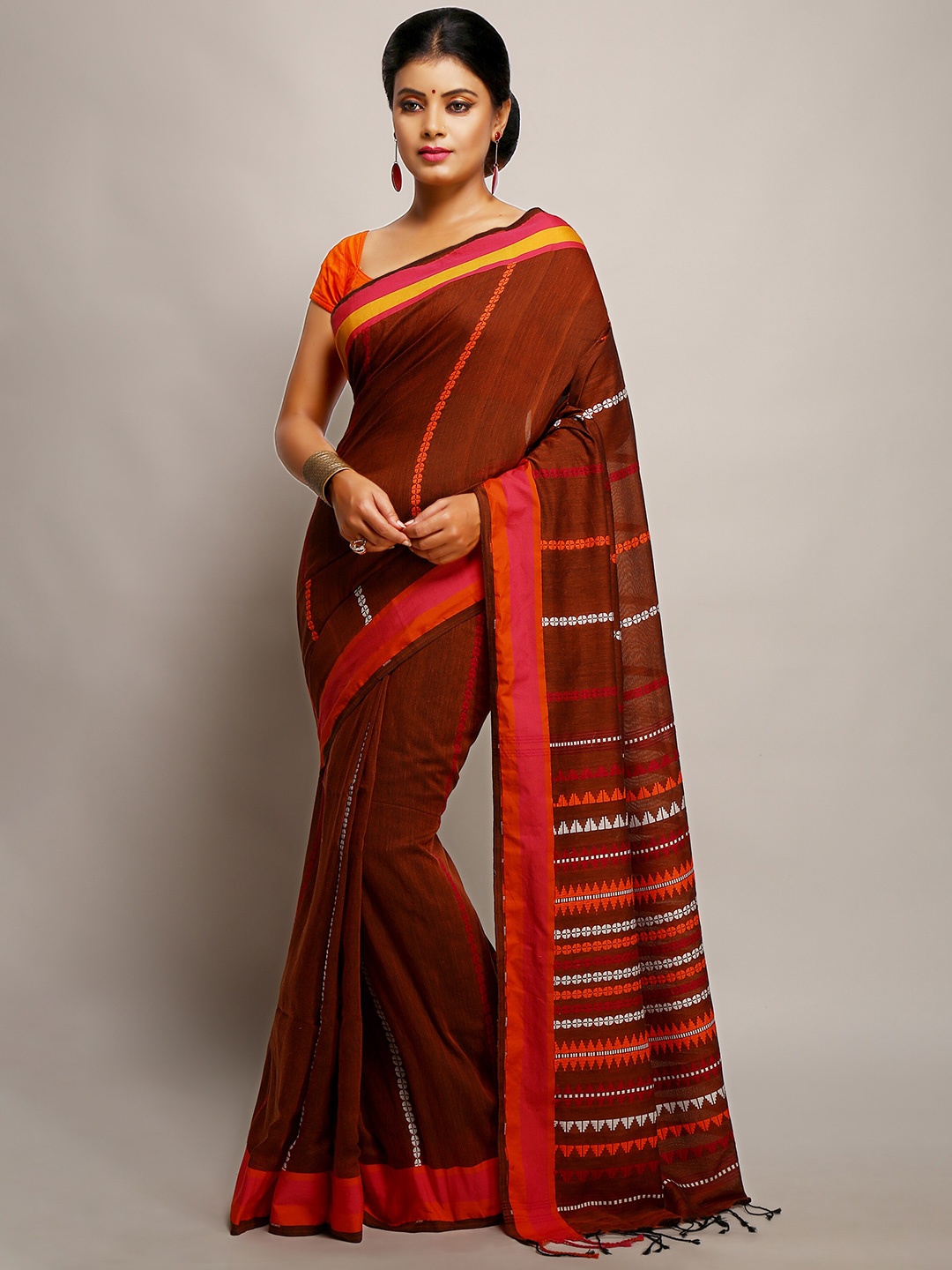 

BENGAL HANDLOOM Woven Design Art Silk Taant Saree, Red