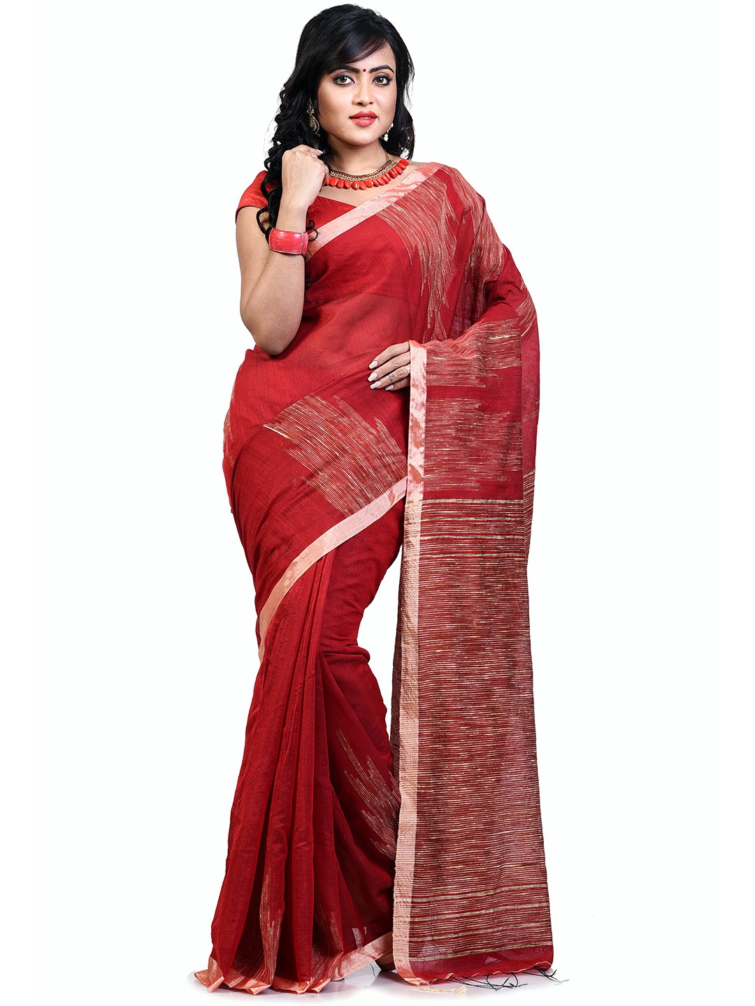 

BENGAL HANDLOOM Striped Art Silk Taant Saree, Red