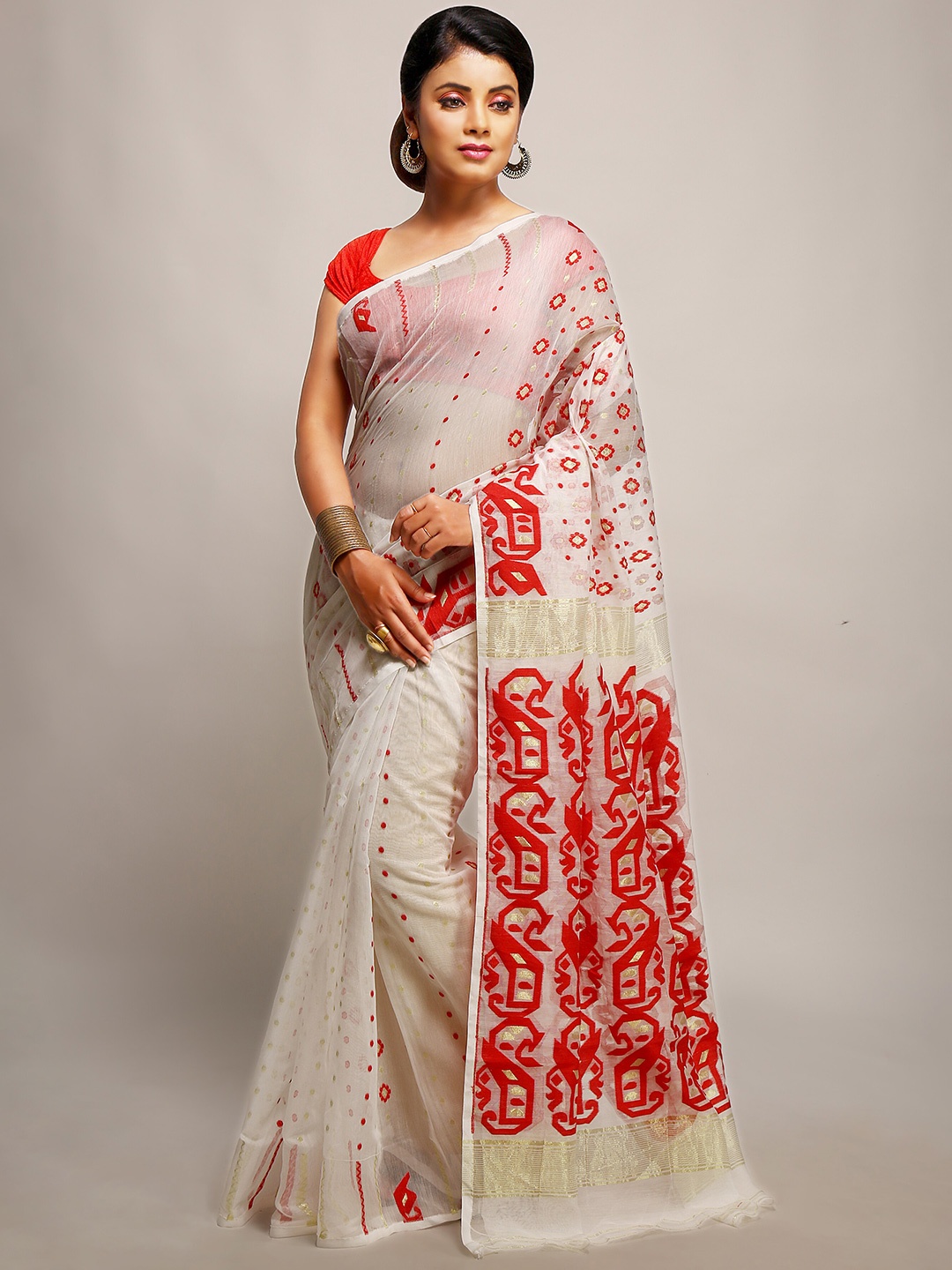 

BENGAL HANDLOOM Ethnic Motifs Woven Design Art Silk Taant Saree, White