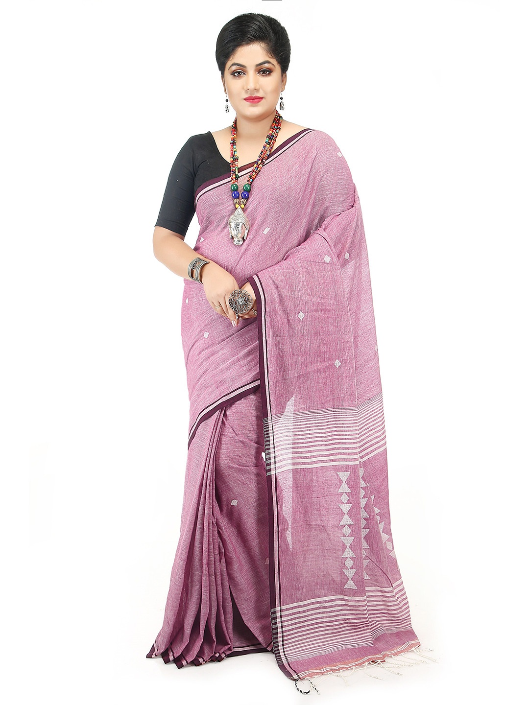 

BENGAL HANDLOOM Ethnic Motifs Woven Designed Pure Cotton Taant Saree, Pink