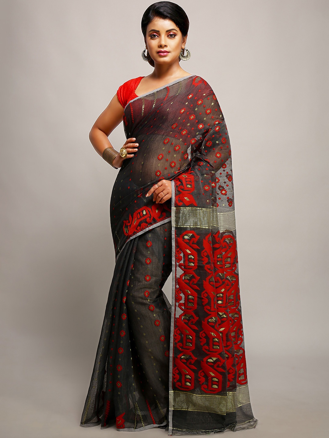 

BENGAL HANDLOOM Ethnic Motifs Woven Design Zari Taant Saree, Black