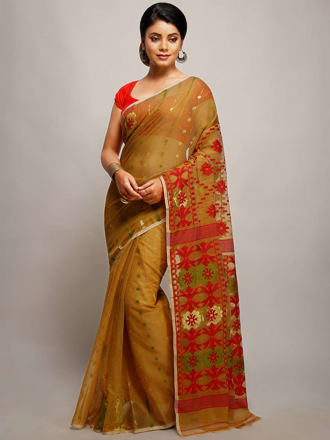 

BENGAL HANDLOOM Ethnic Motifs Woven Design Zari Art Silk Taant Saree, Beige