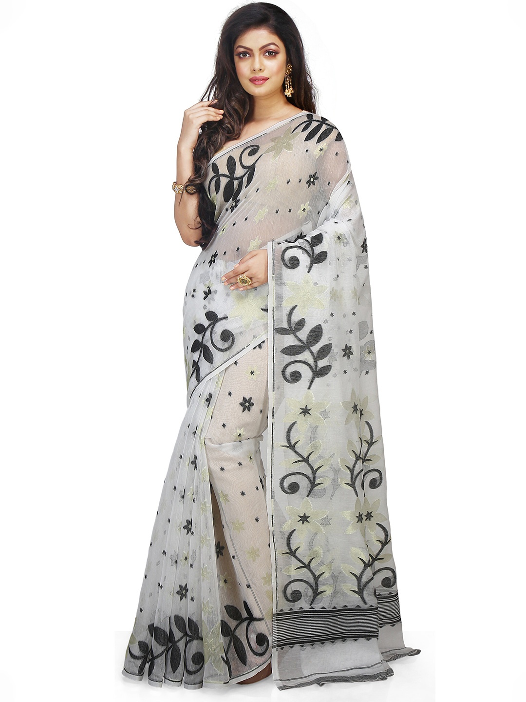 

BENGAL HANDLOOM Floral Woven Design Cotton Silk Taant Saree, White