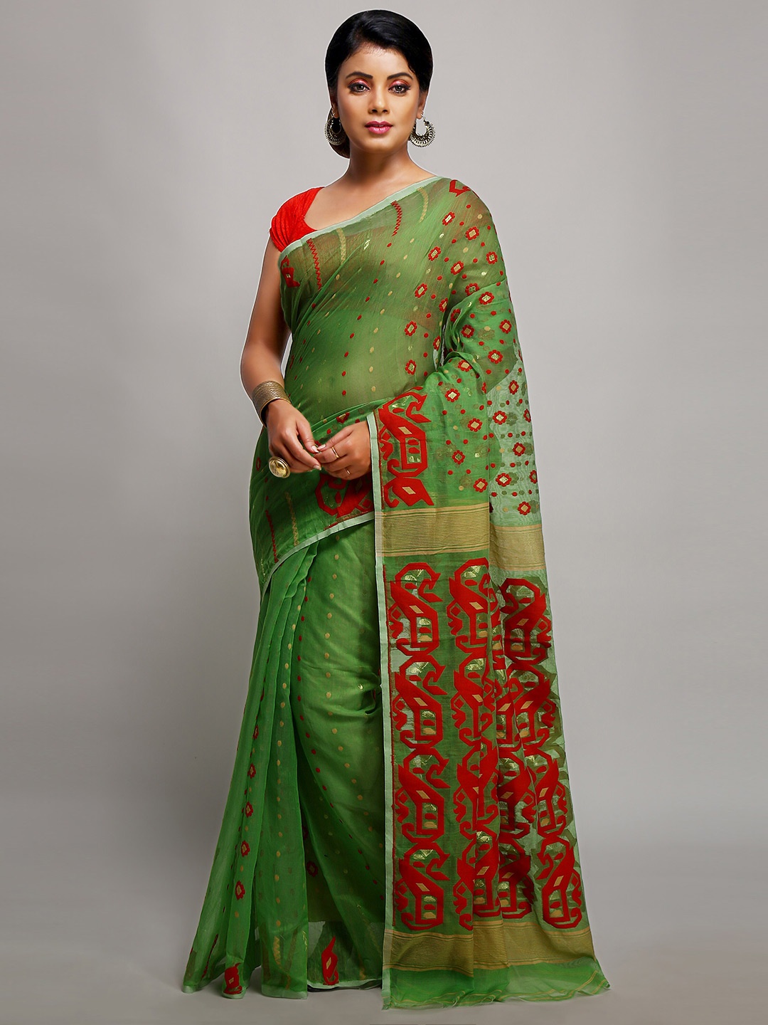 

BENGAL HANDLOOM Ethnic Motifs Woven Design Zari Art Silk Taant Saree, Green