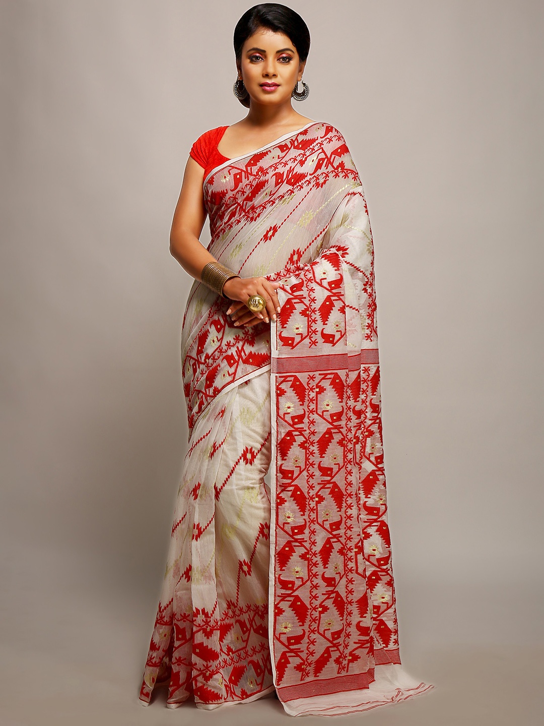 

BENGAL HANDLOOM Ethnic Motifs Woven Design Saree, White