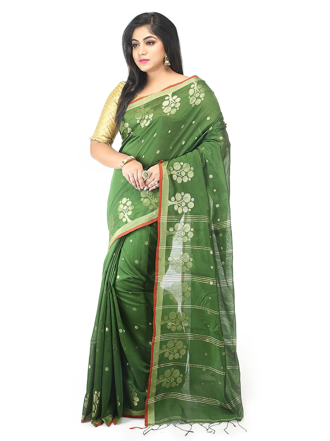 

BENGAL HANDLOOM Woven Design Floral Art Silk Taant Saree, Green