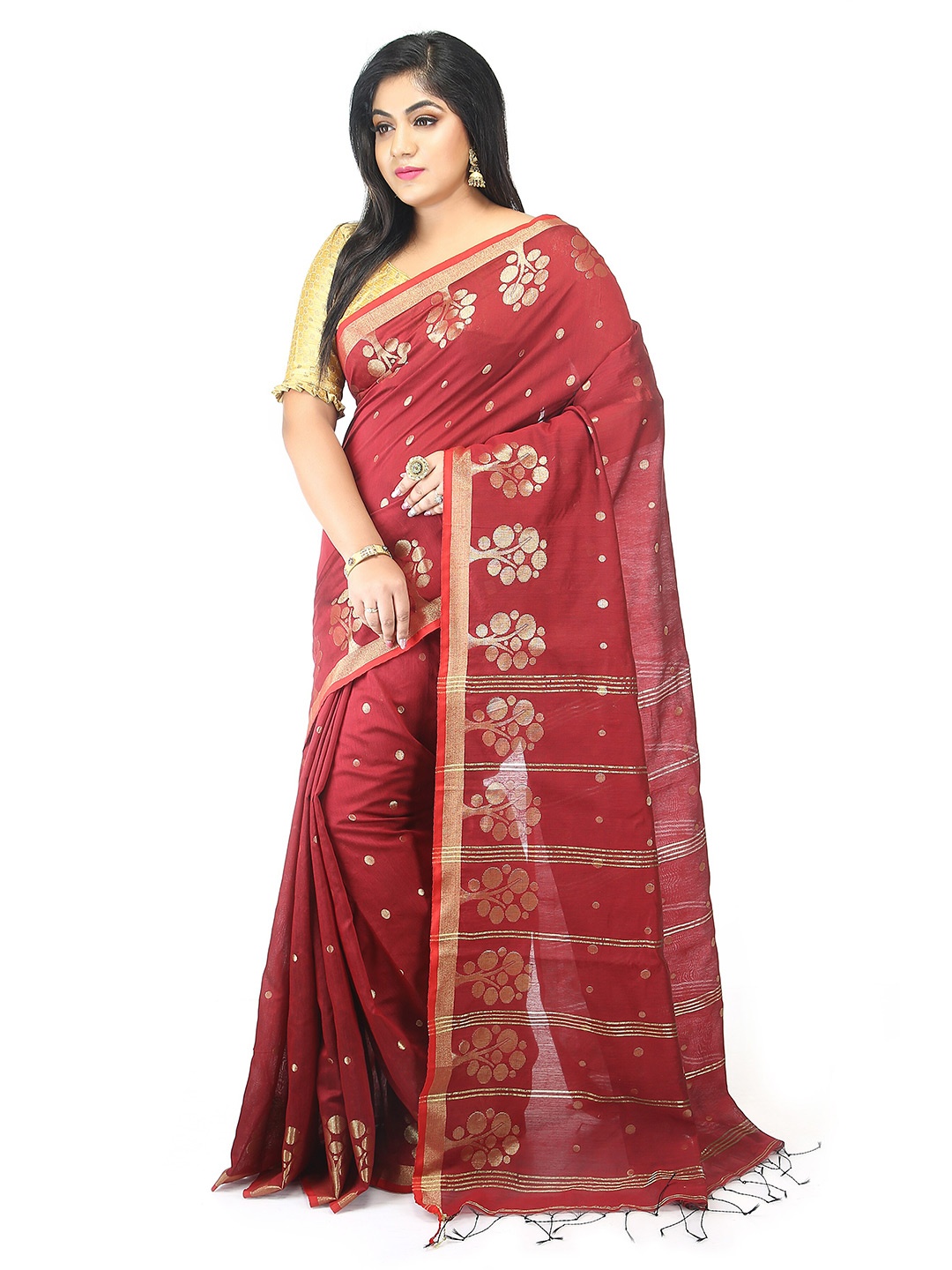 

BENGAL HANDLOOM Ethnic Motifs Woven Design Zari Saree, Maroon