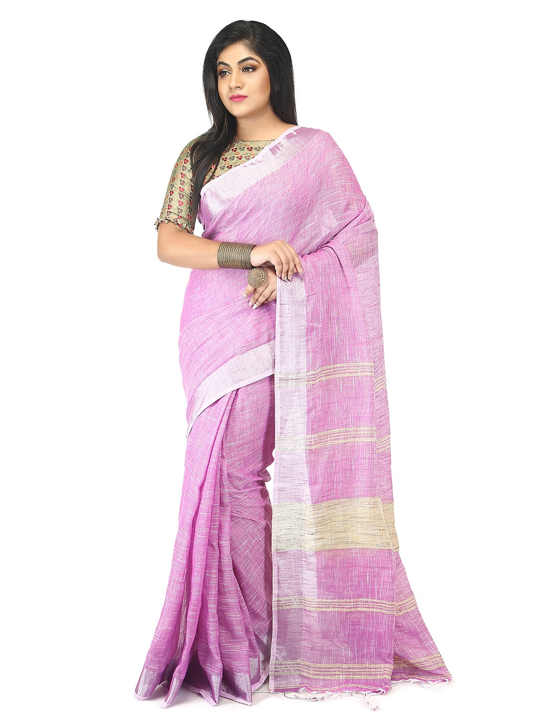 

BENGAL HANDLOOM Cotton Linen Taant Saree, Pink