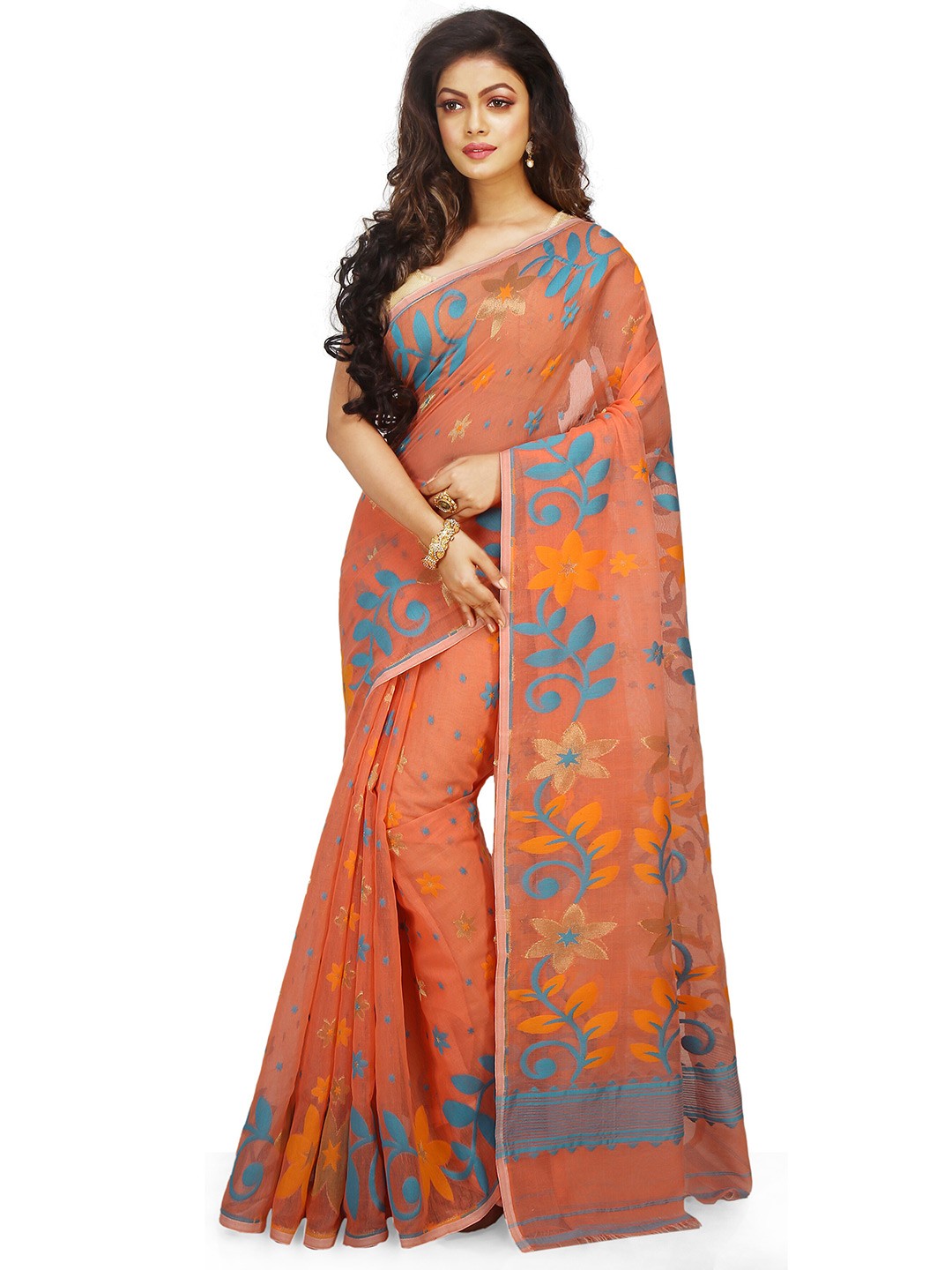 

BENGAL HANDLOOM Floral Woven Design Zari Art Silk Taant Saree, Orange