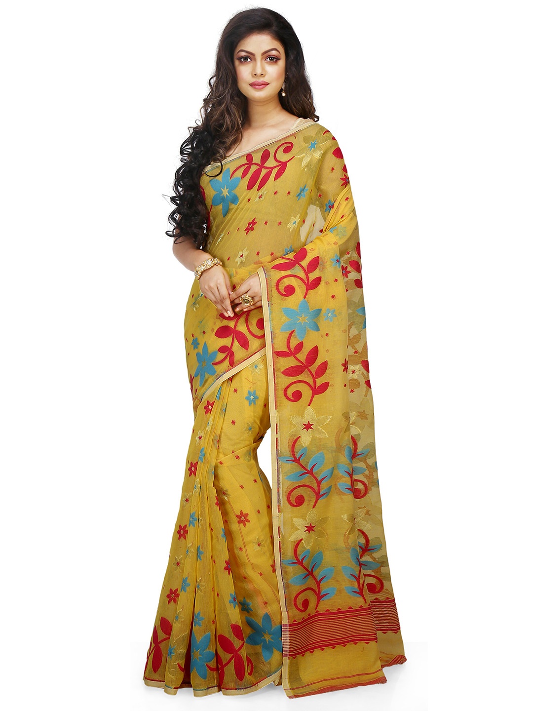 

BENGAL HANDLOOM Ethnic Motifs Woven Designed Zari Taant Saree, Yellow