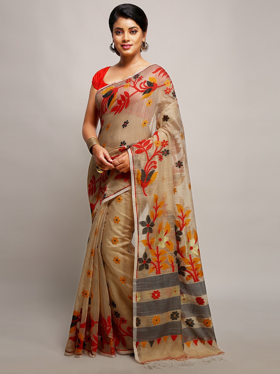 

BENGAL HANDLOOM Ethnic Motifs Woven Design Zari Art Silk Taant Saree, Beige