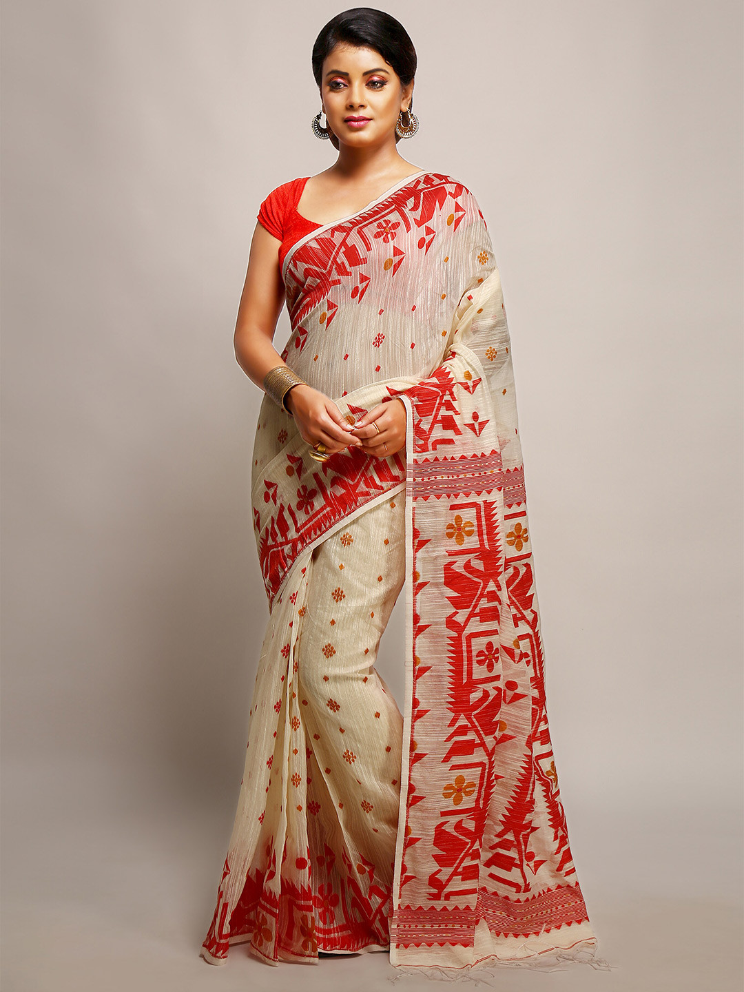 

BENGAL HANDLOOM Woven Design Art Silk Taant Saree, White