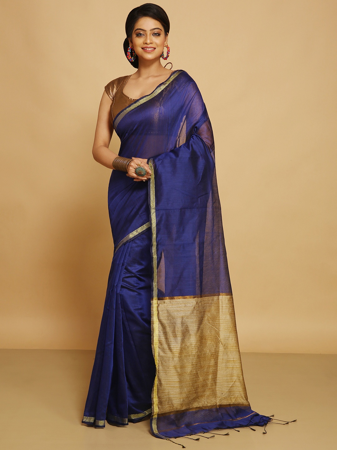 

BENGAL HANDLOOM Woven Design Zari Art Silk Taant Saree, Blue