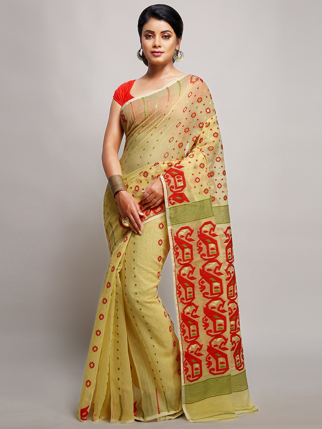 

BENGAL HANDLOOM Ethnic Motifs Woven Design Zari Jamdani Saree, Beige