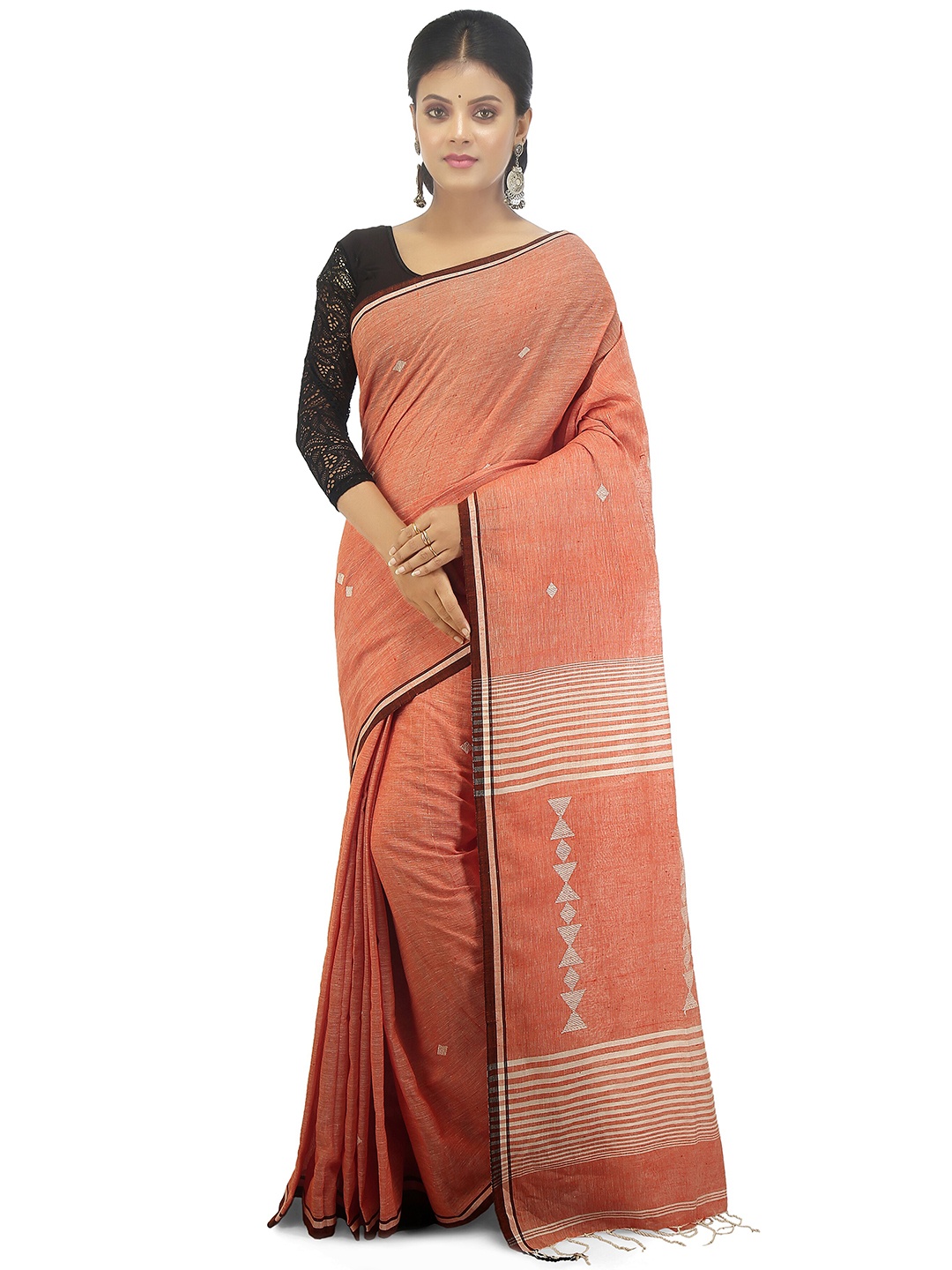 

BENGAL HANDLOOM Ethnic Motifs Woven Design Zari Pure Cotton Taant Saree, Pink