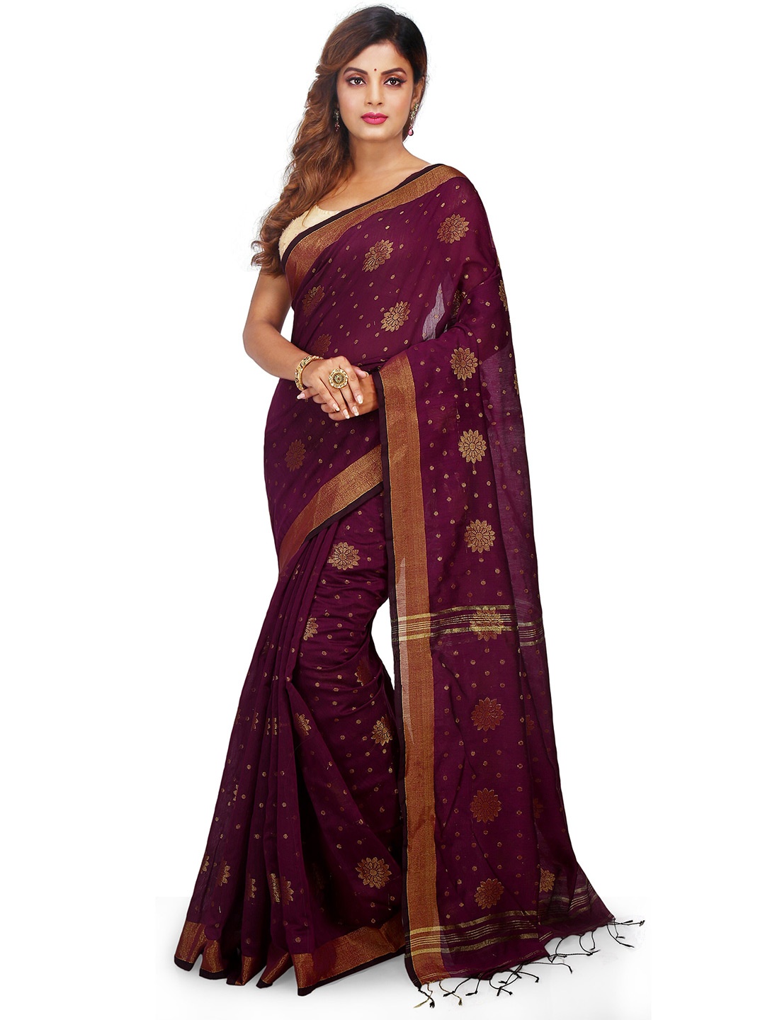 

BENGAL HANDLOOM Ethnic Motifs Woven Design Zari Art Silk Taant Saree, Magenta