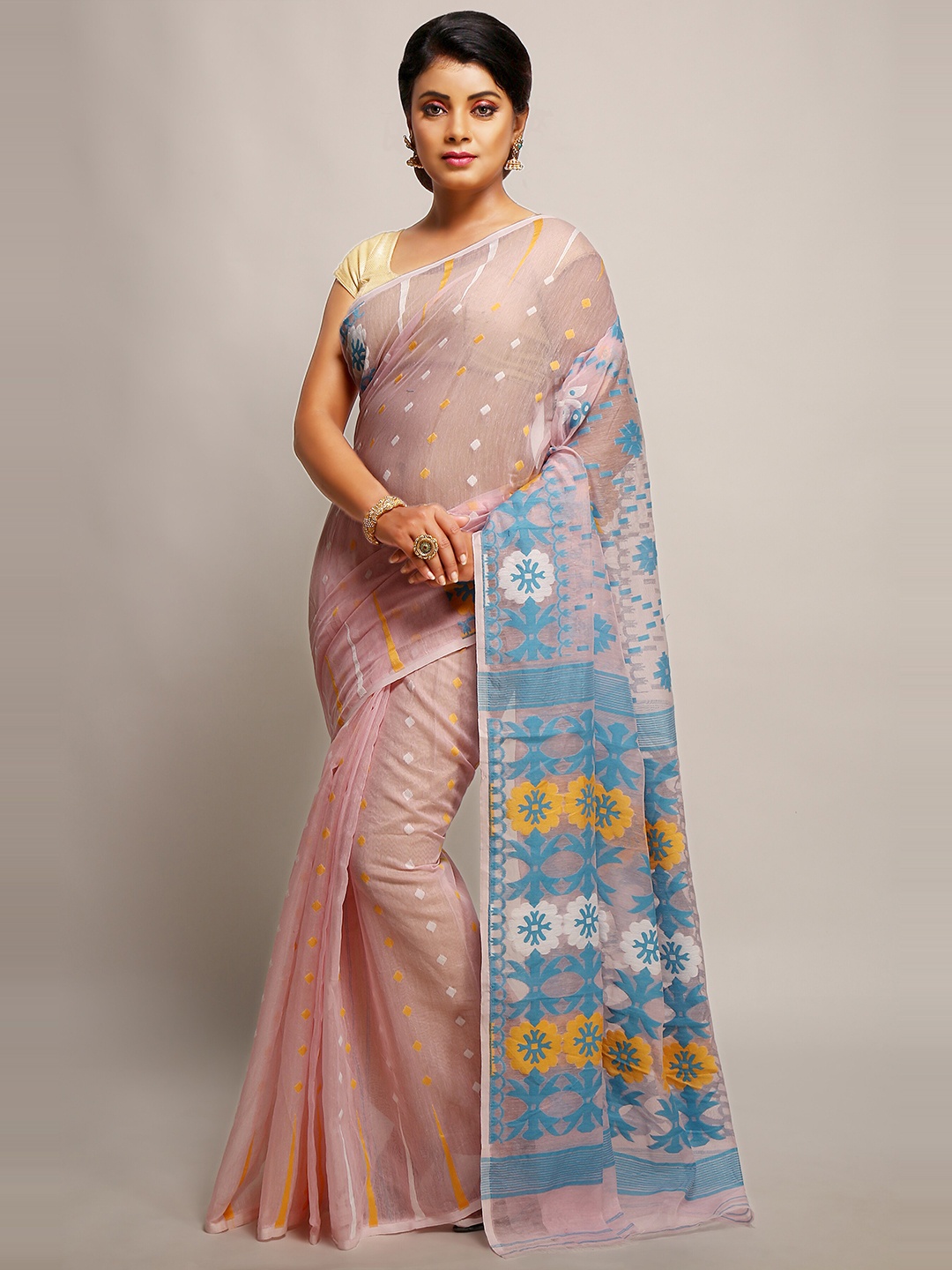 

BENGAL HANDLOOM Ethnic Motifs Woven Design Art Silk Taant Saree, Pink