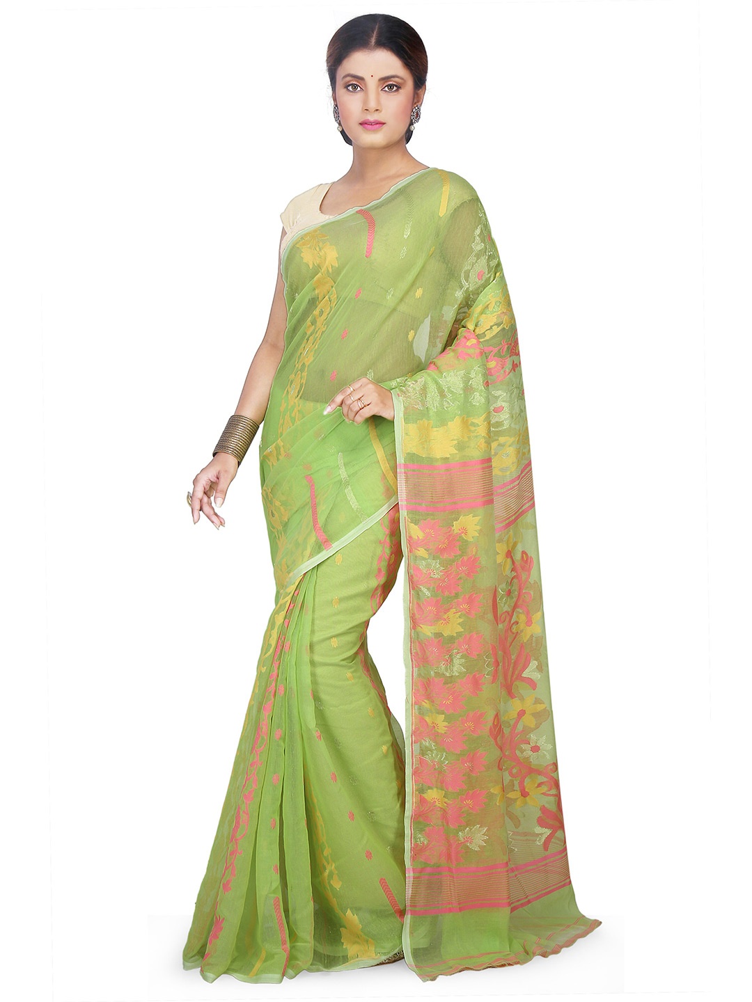 

BENGAL HANDLOOM Ethnic Motifs Woven Design Taant Saree, Green