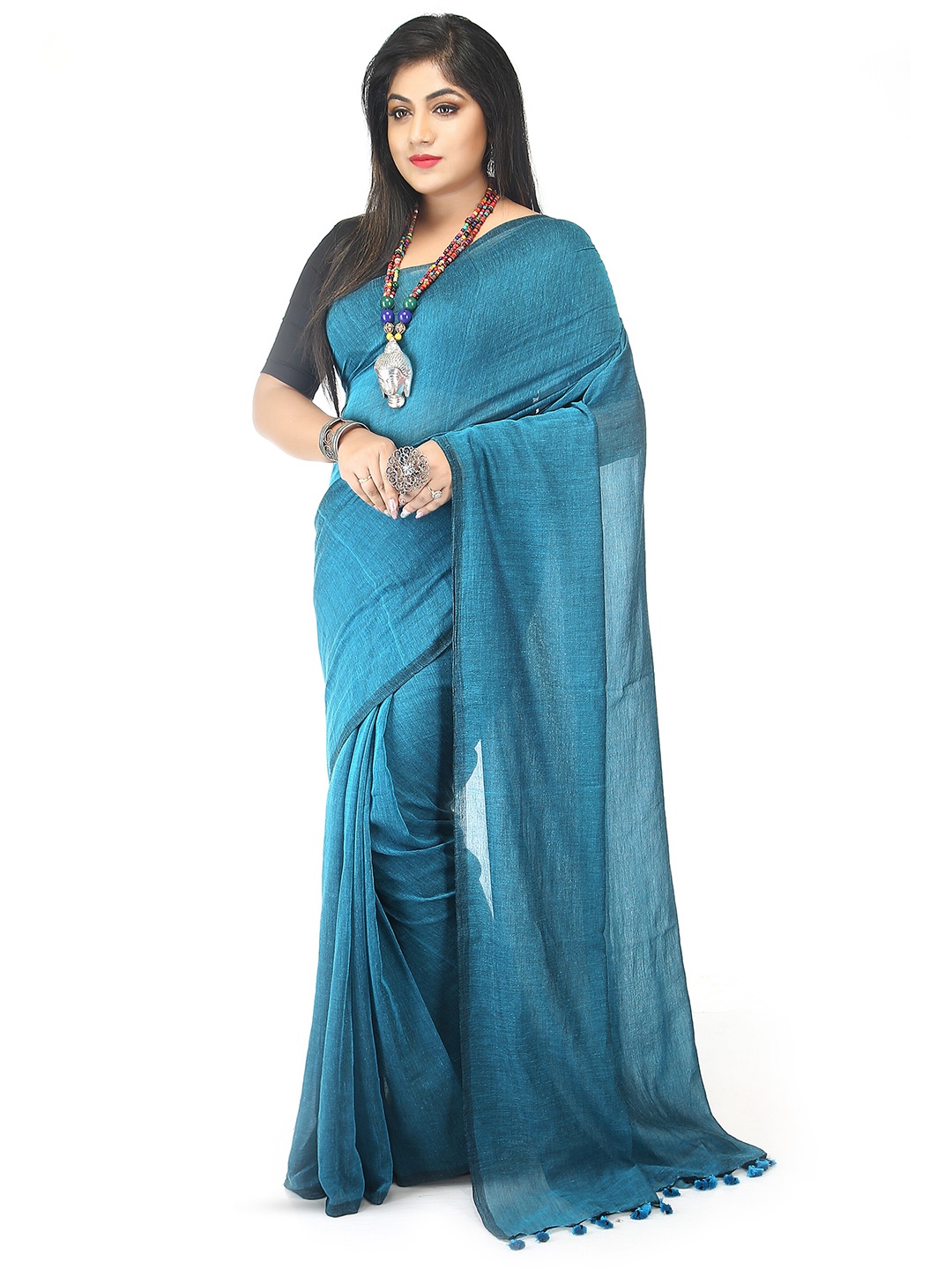 

BENGAL HANDLOOM Cotton Blend Taant Saree, Turquoise blue