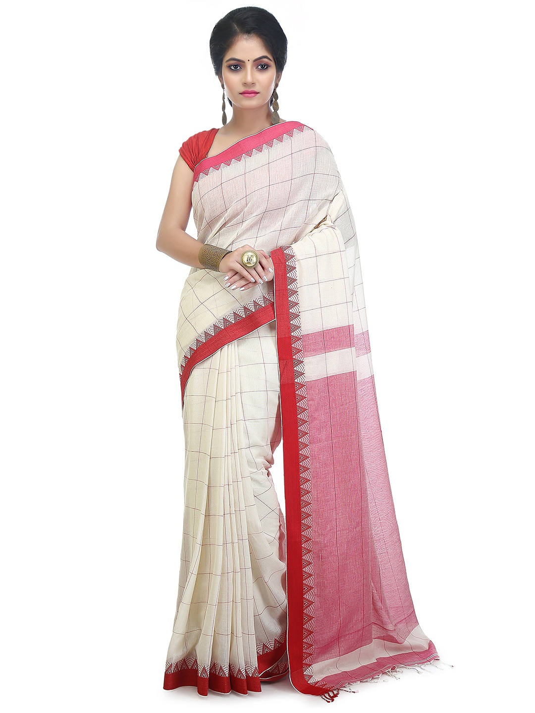 

BENGAL HANDLOOM Checked Woven Design Taant Saree, White