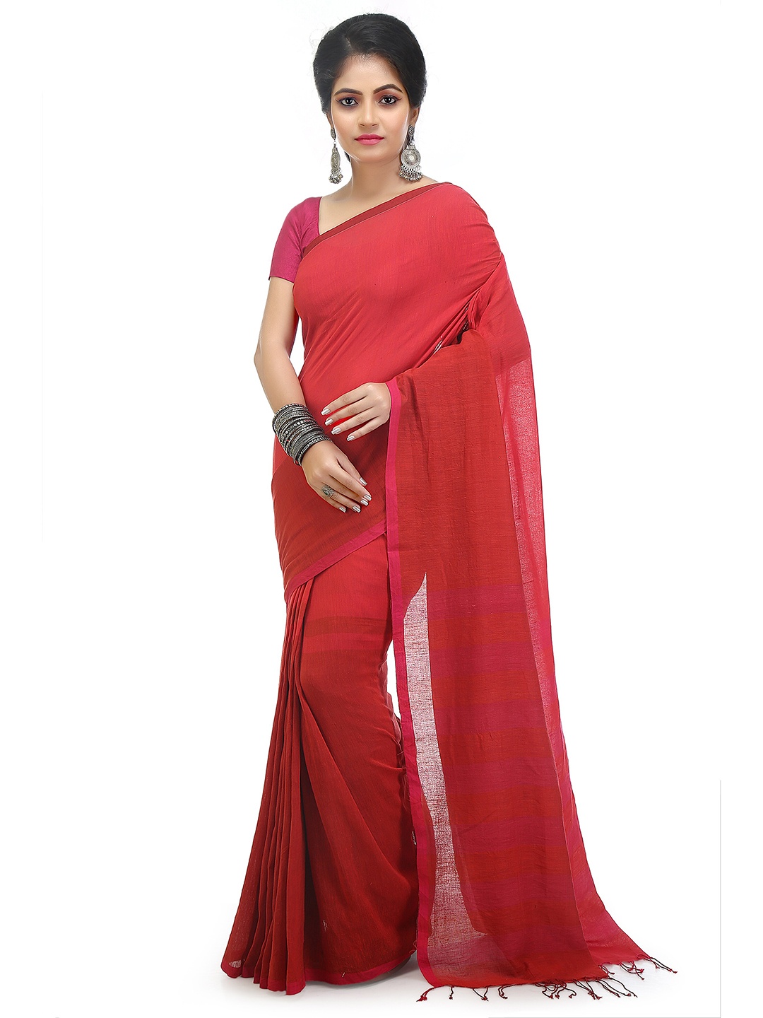 

BENGAL HANDLOOM Pure Cotton Taant Saree, Red