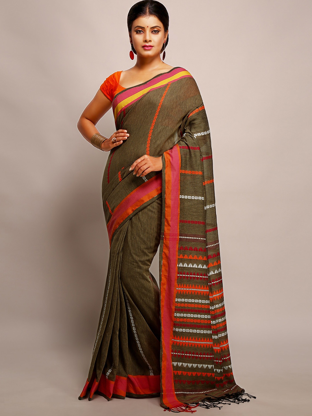 

BENGAL HANDLOOM Ethnic Motifs Woven Designed Taant Saree, Bronze