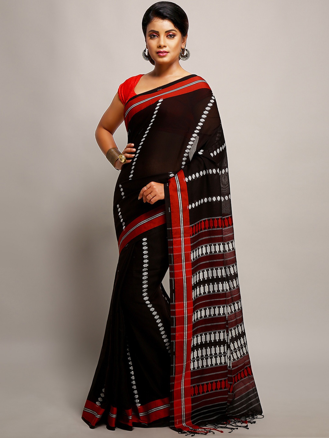 

BENGAL HANDLOOM Geometric Woven Design Art Silk Taant Saree, Brown